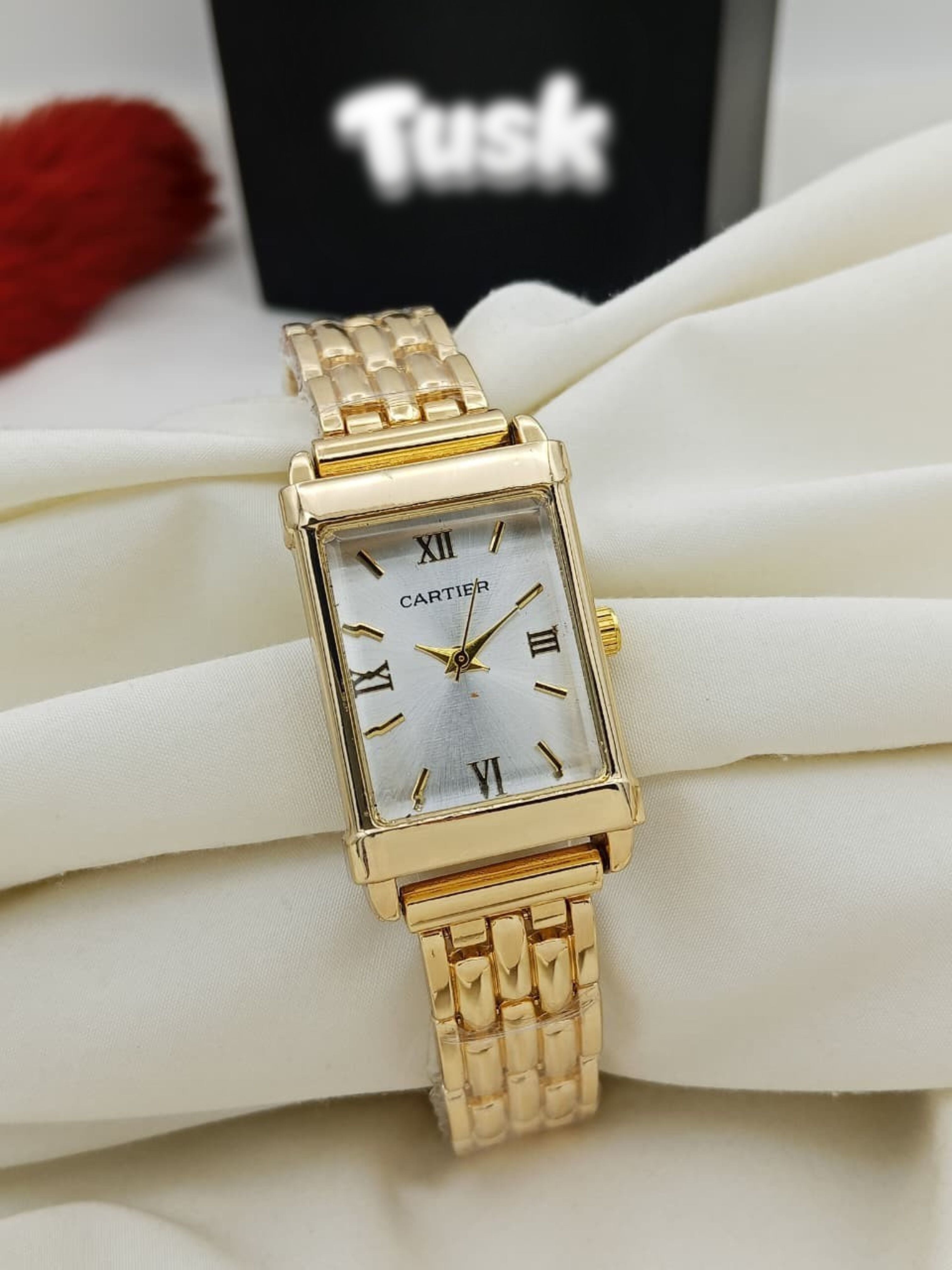 Cartier Premium Rectangular Dial Women’s Watch - Golden White