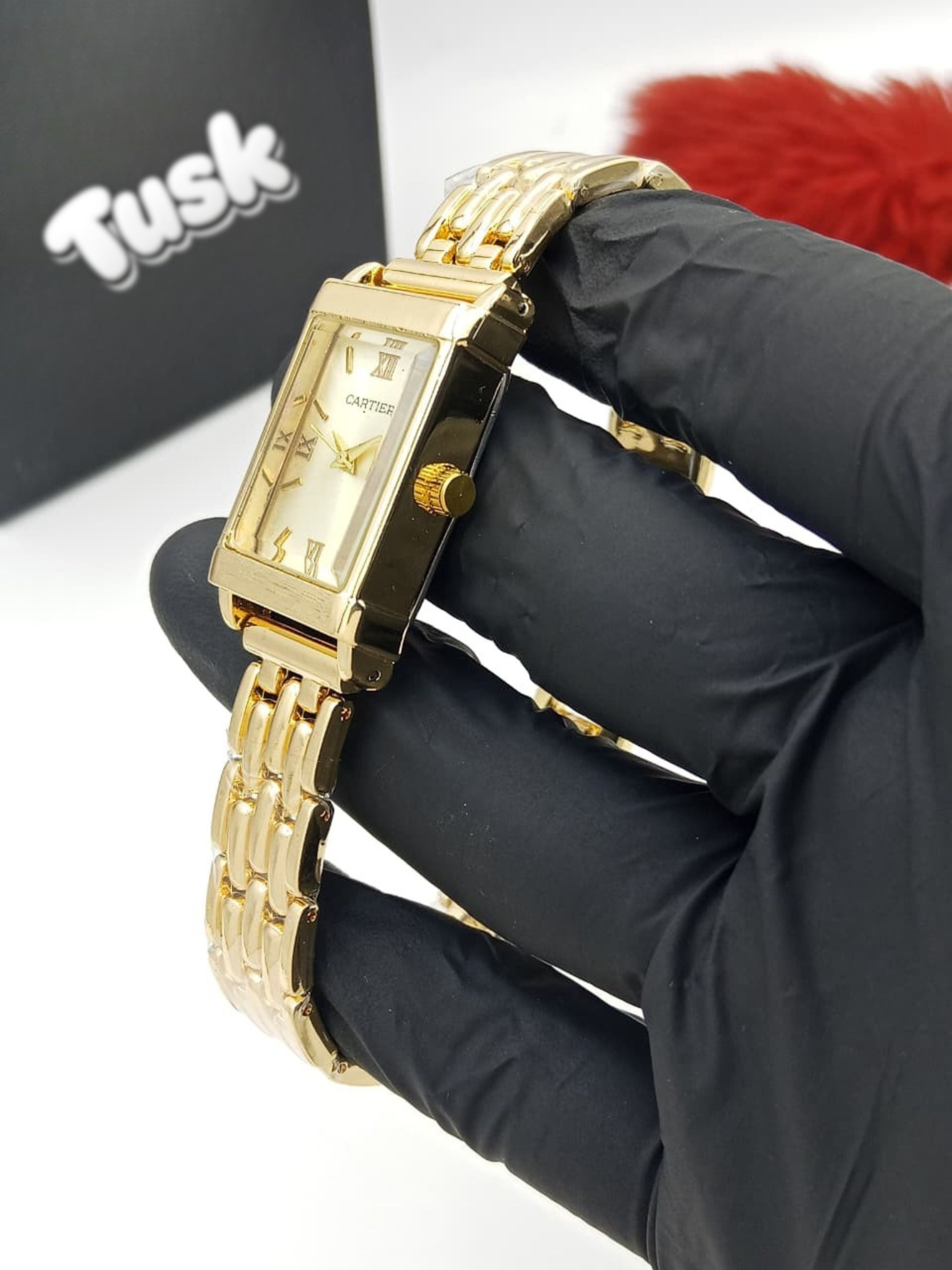 Cartier Premium Rectangular Dial Women’s Watch - Golden White