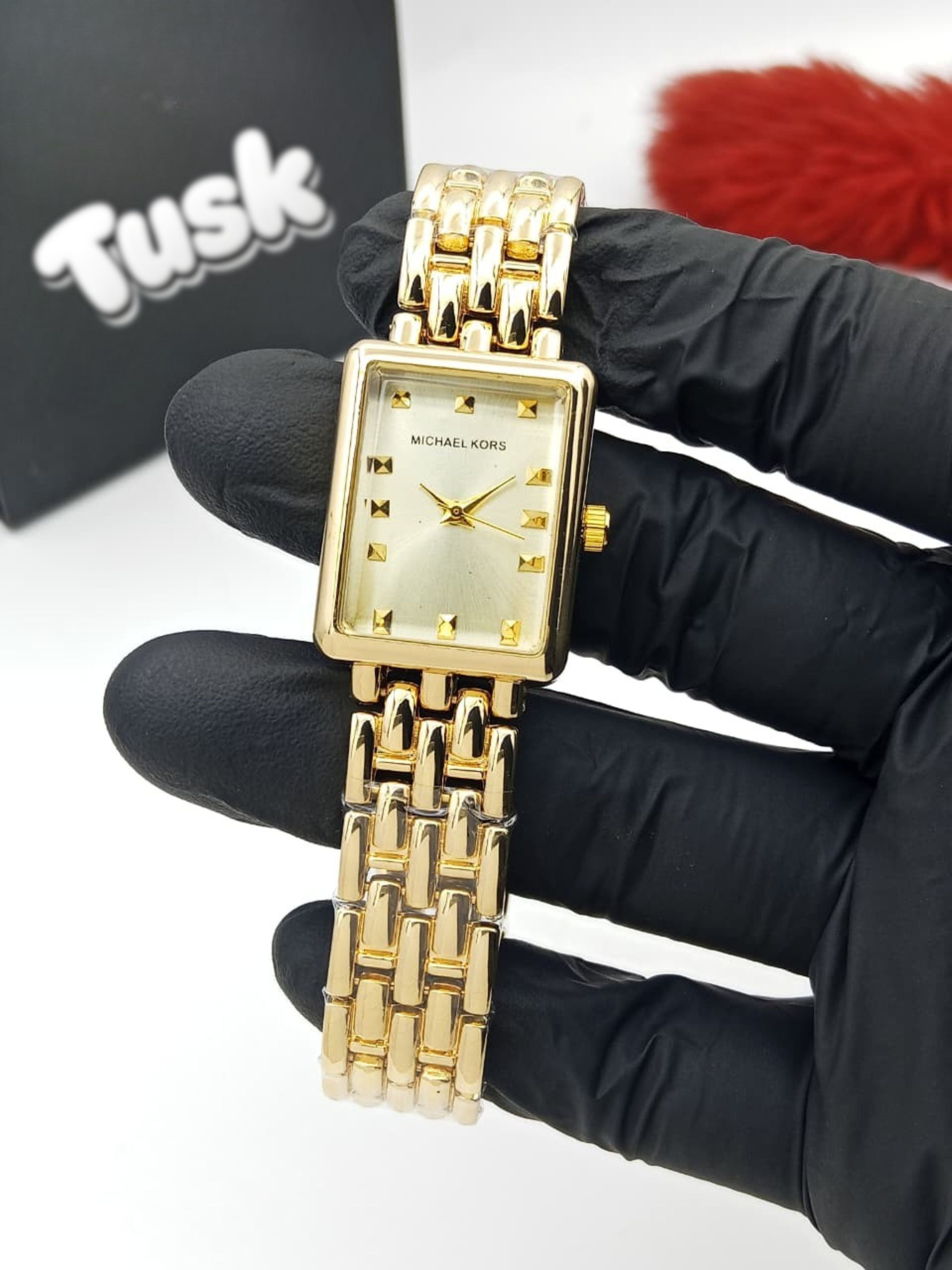 MK Refined Square Face Ladies Watch - Golden White