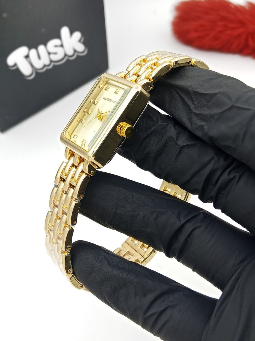 MK Refined Square Face Ladies Watch - Golden White