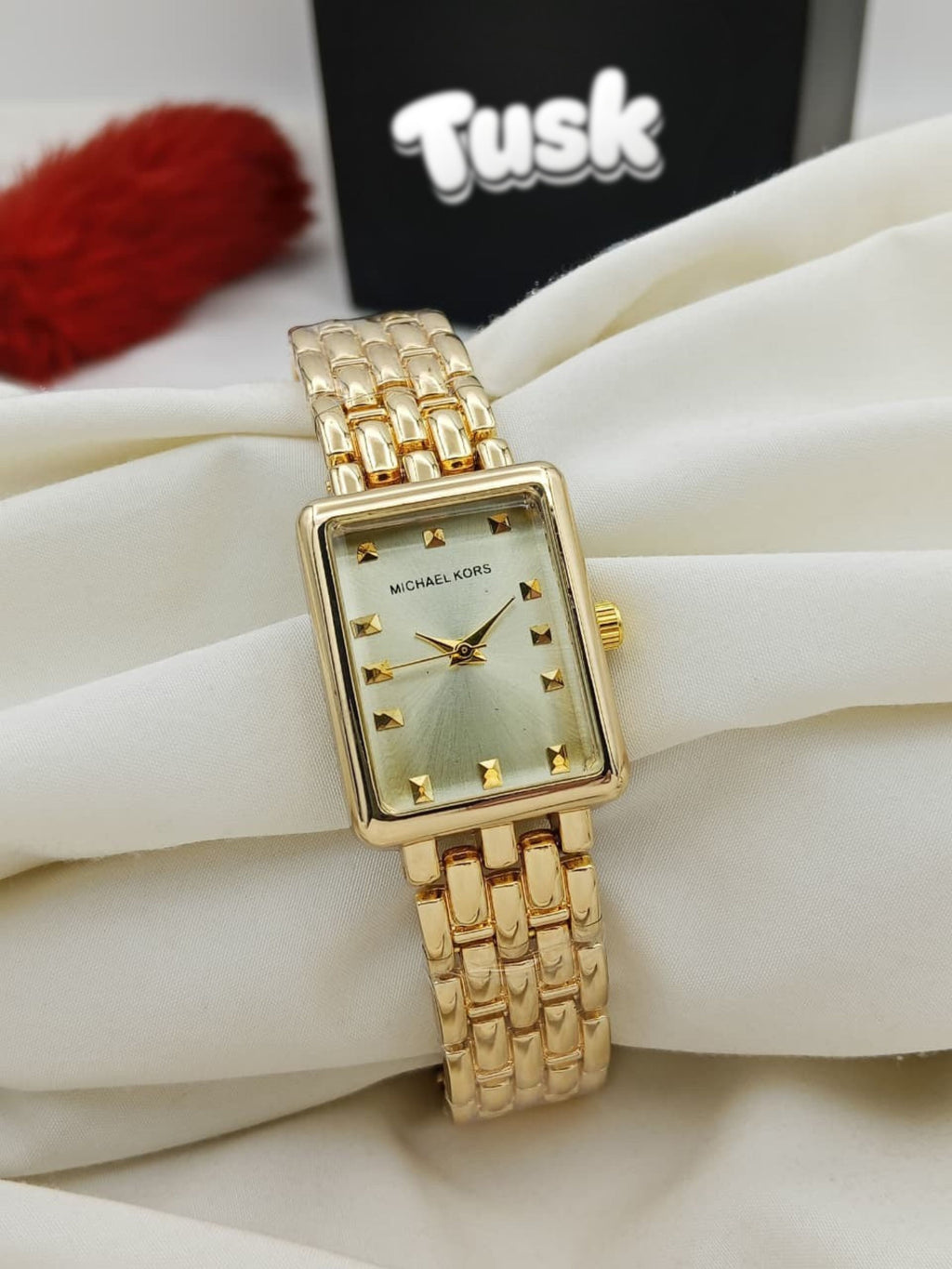 MK Refined Square Face Ladies Watch - Golden White