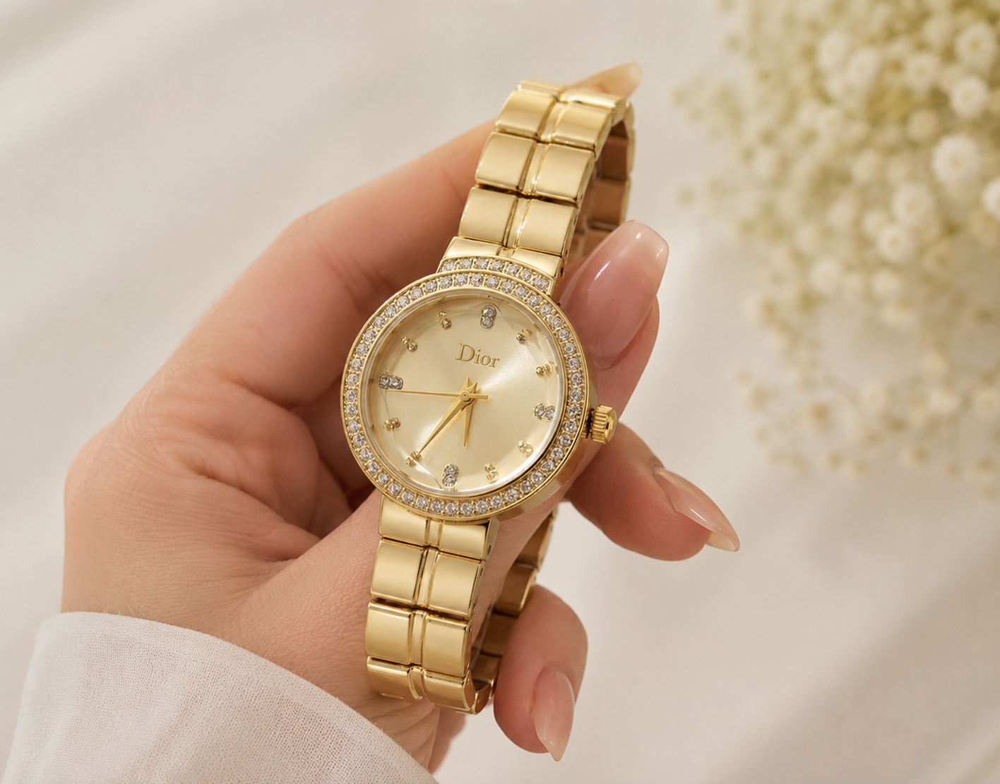 Dior Luxury Ladies' Chain Watch – Stone Encrusted - Full Gold