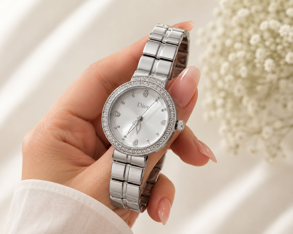 Dior Luxury Ladies' Chain Watch – Stone Encrusted - Full Silver