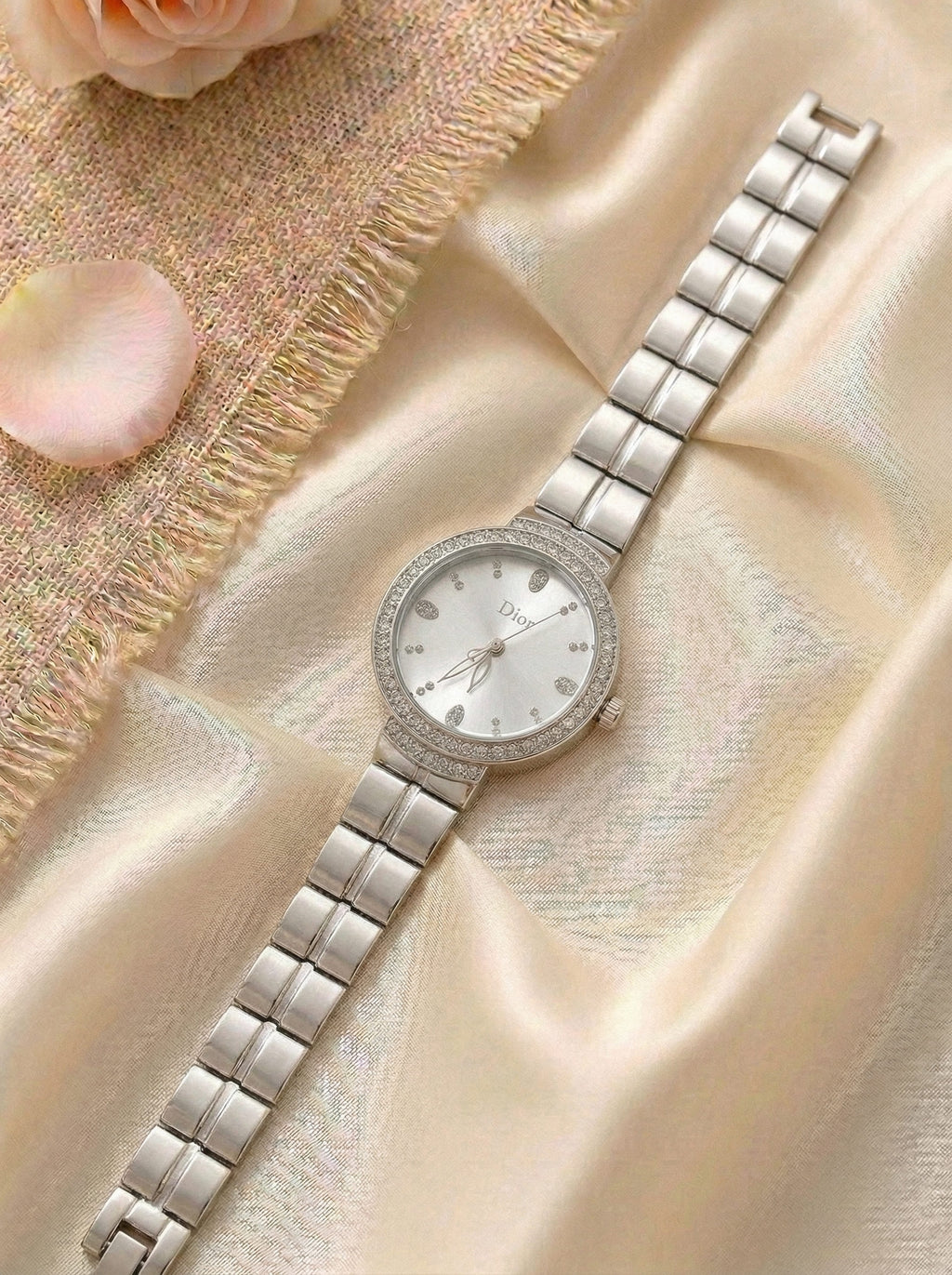 Dior Luxury Ladies' Chain Watch – Stone Encrusted - Full Silver