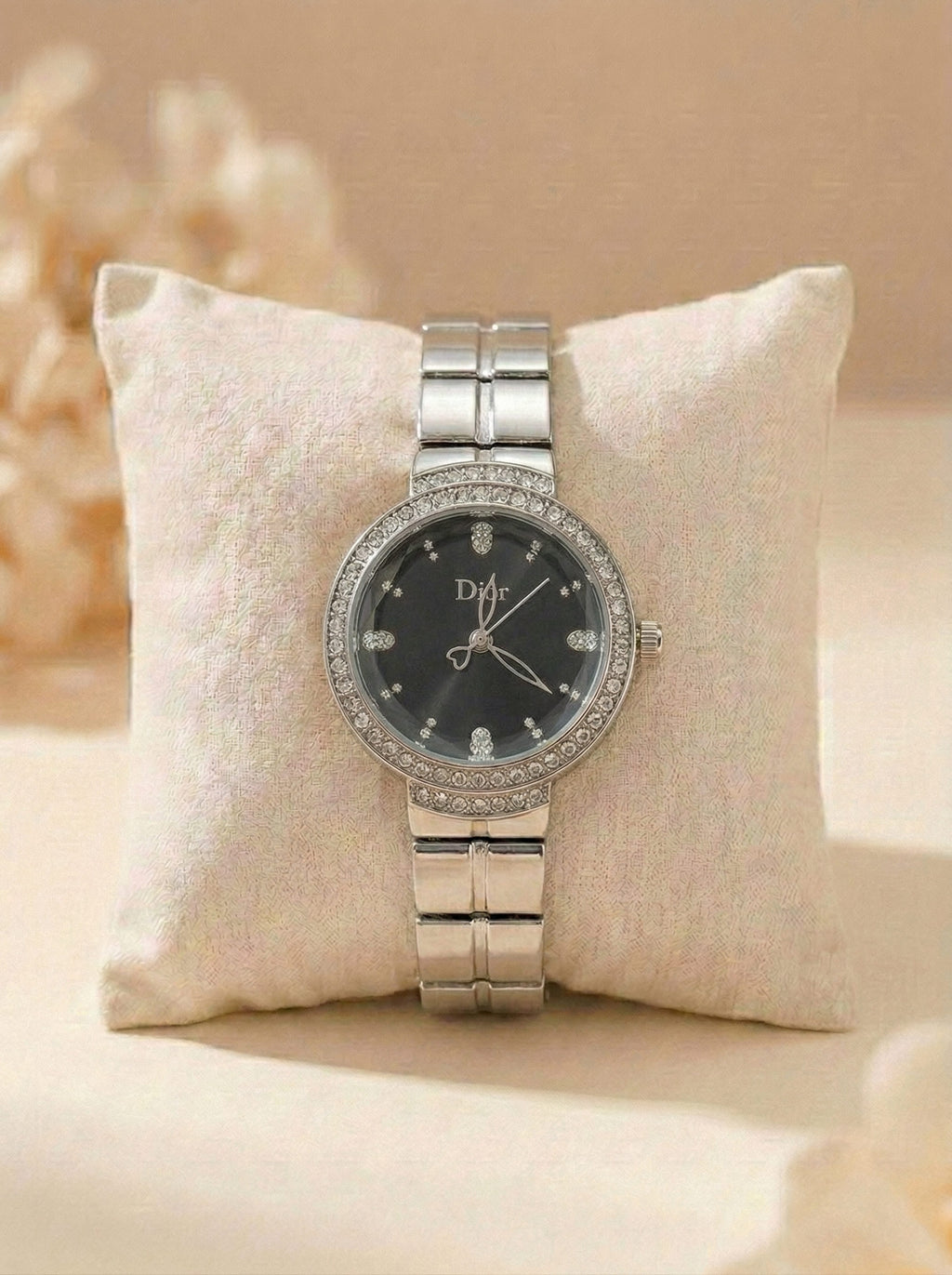 Dior Luxury Ladies' Chain Watch – Stone Encrusted - Silver Black