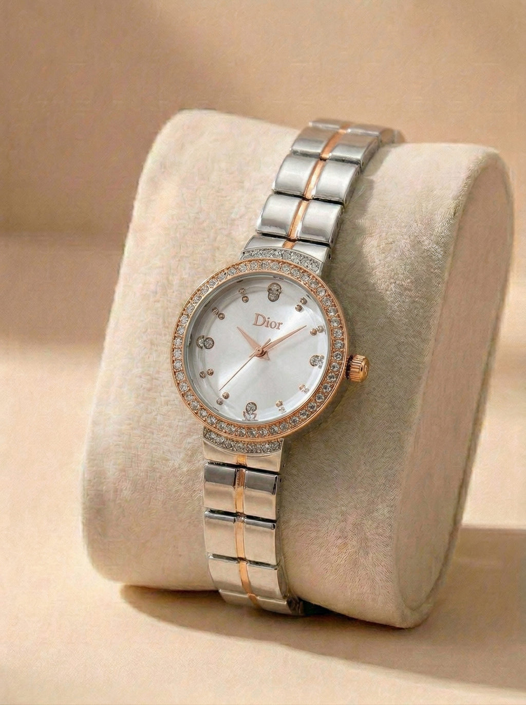 Dior Luxury Ladies' Chain Watch – Stone Encrusted - Rose Gold Silver