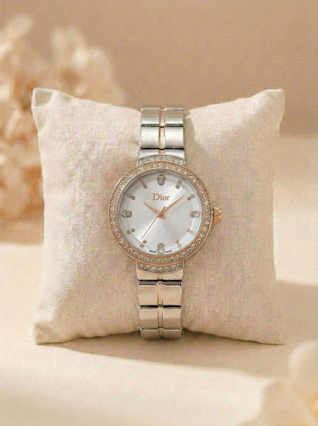 Dior Luxury Ladies' Chain Watch – Stone Encrusted - Rose Gold Silver