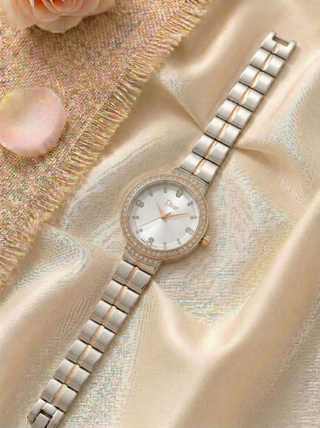 Dior Luxury Ladies' Chain Watch – Stone Encrusted - Rose Gold Silver