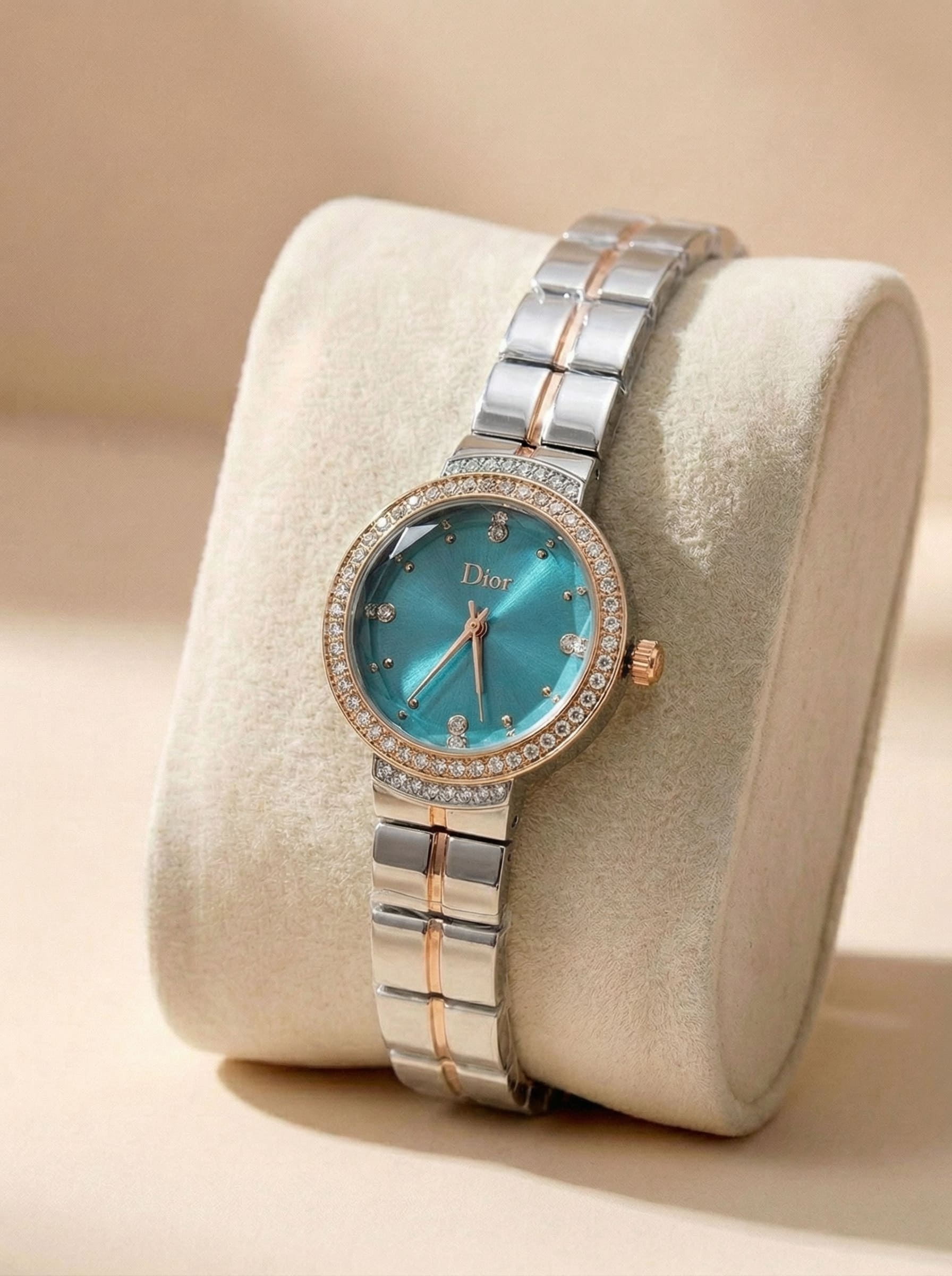 Dior Luxury Ladies' Chain Watch – Stone Encrusted - Rose Gold Green