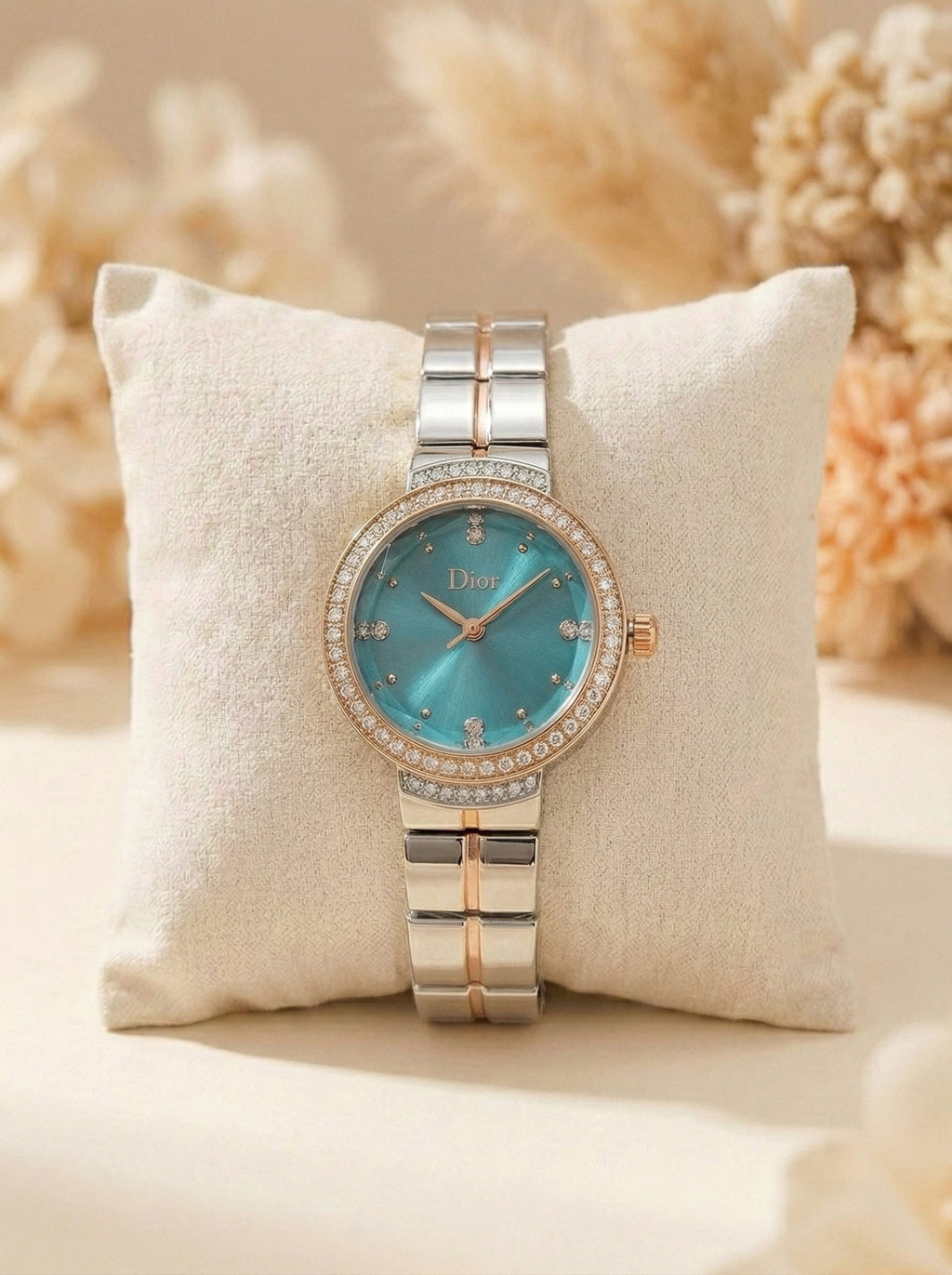 Dior Luxury Ladies' Chain Watch – Stone Encrusted - Rose Gold Green