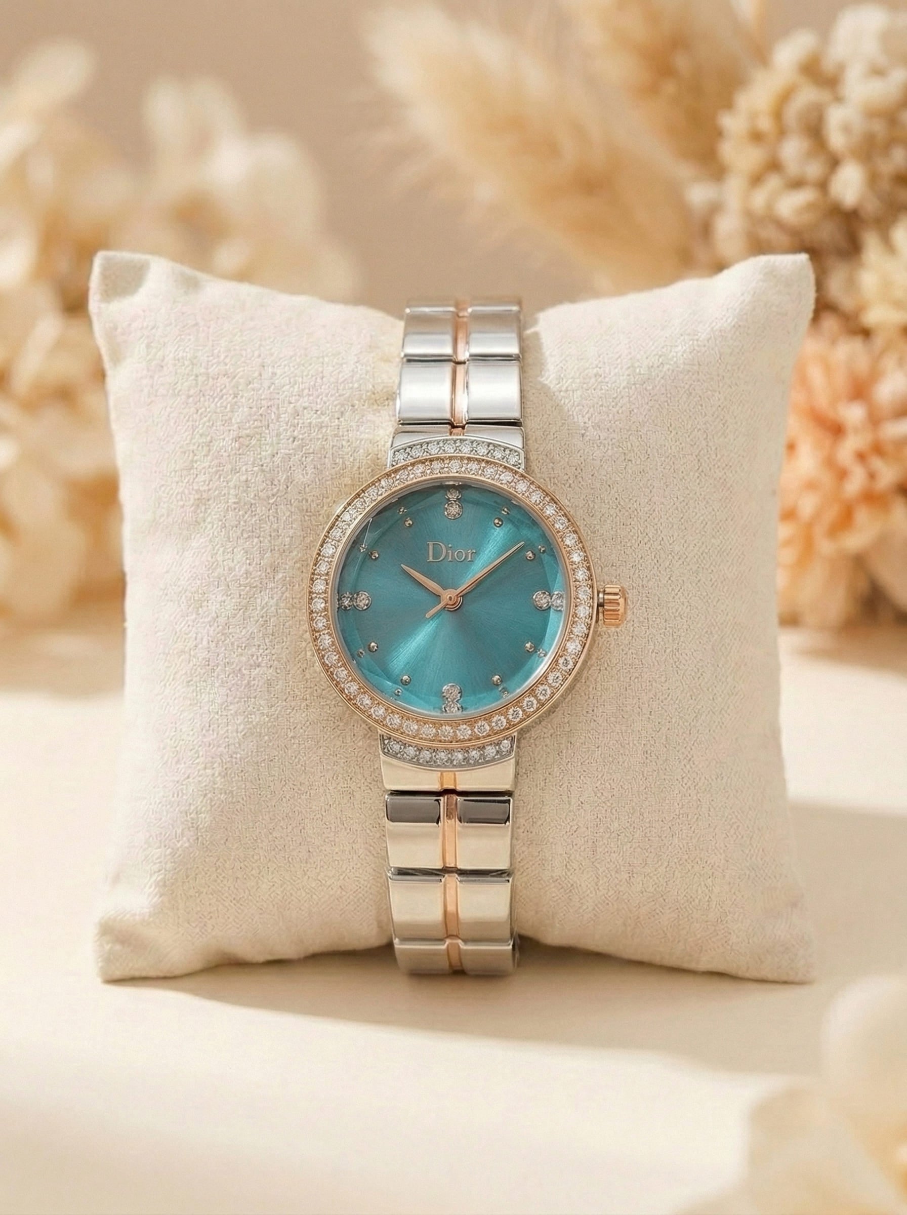 Dior Luxury Ladies' Chain Watch – Stone Encrusted - Rose Gold Green