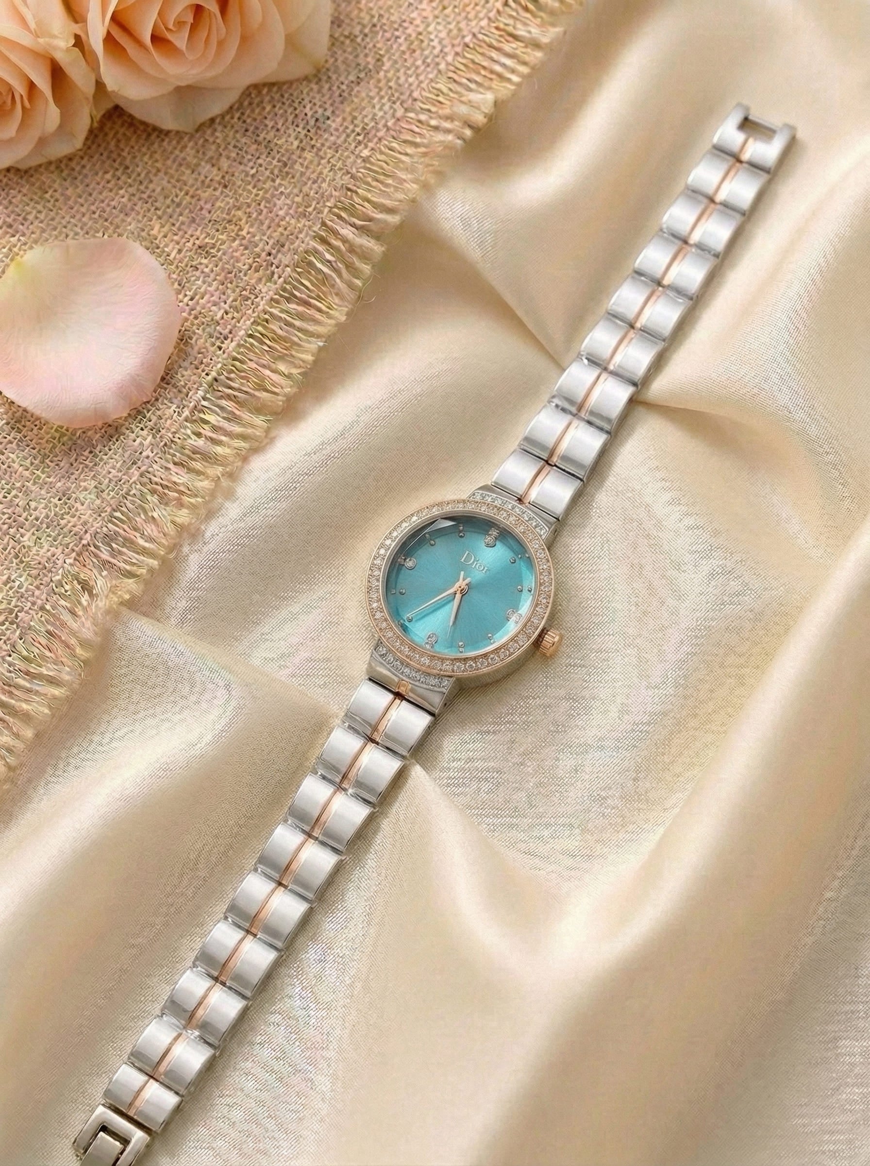 Dior Luxury Ladies' Chain Watch – Stone Encrusted - Rose Gold Green