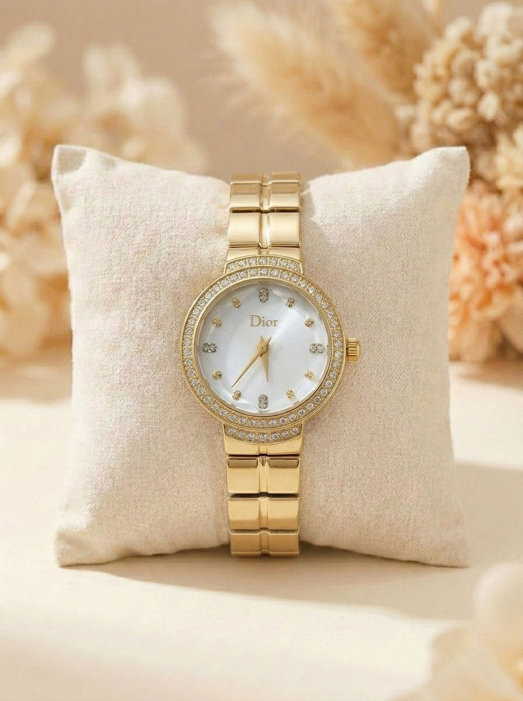 Dior Luxury Ladies' Chain Watch – Stone Encrusted - Golden Silver