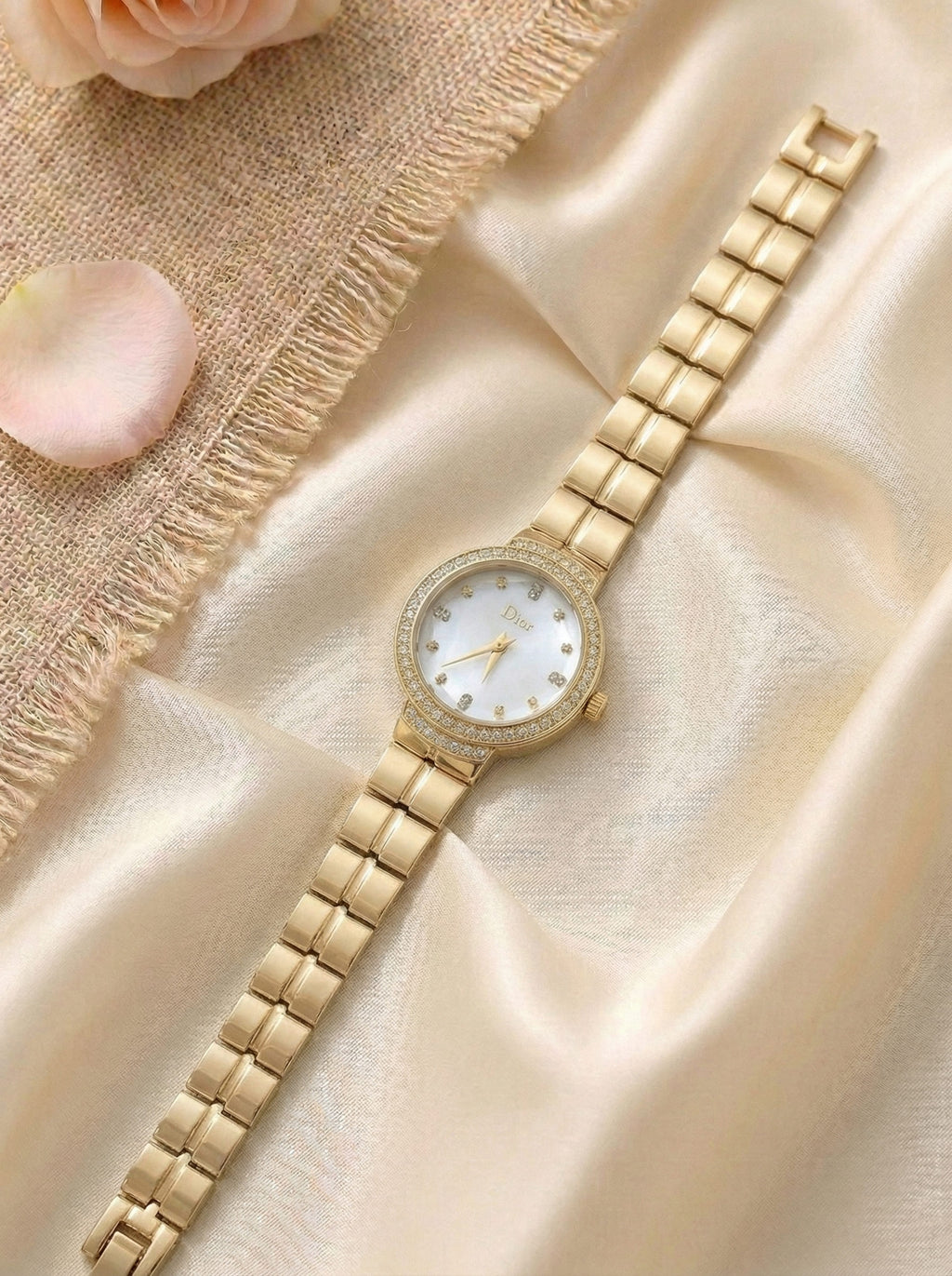Dior Luxury Ladies' Chain Watch – Stone Encrusted - Golden Silver